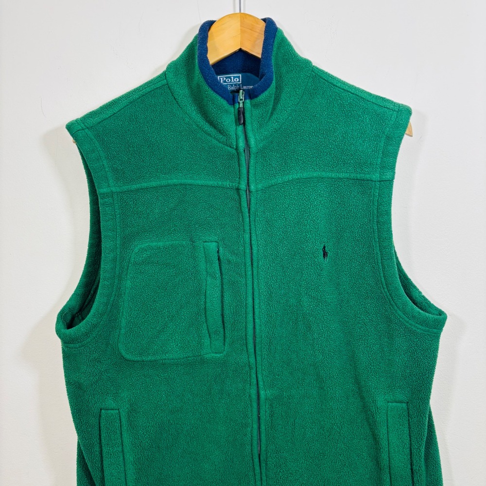 Polo Ralph Lauren Green Fleece Vest Men's Size M Full Zip Pony Logo Side Pockets - Picture 2 of 9